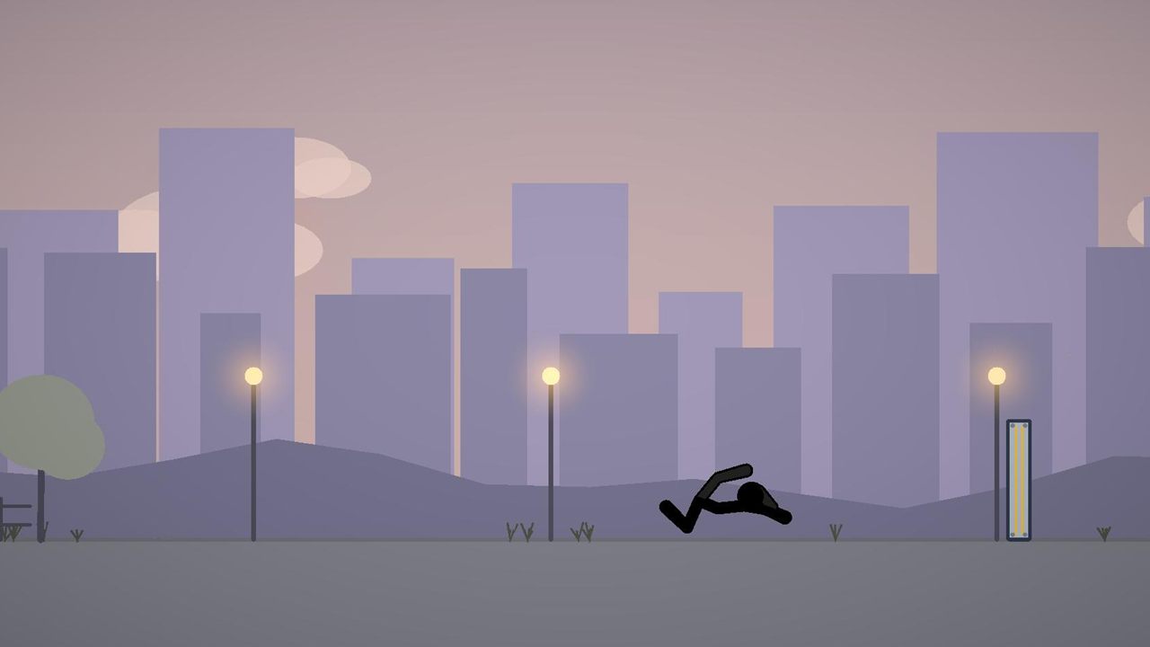 A limp stick figure lies knocked out on the street of an evening city with glowing lanterns.