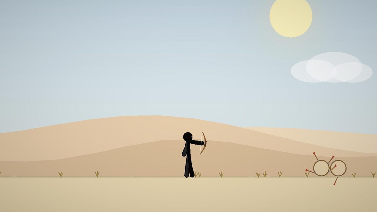 A stick figure aims a bow across desert dunes at ring targets bristling with arrows.