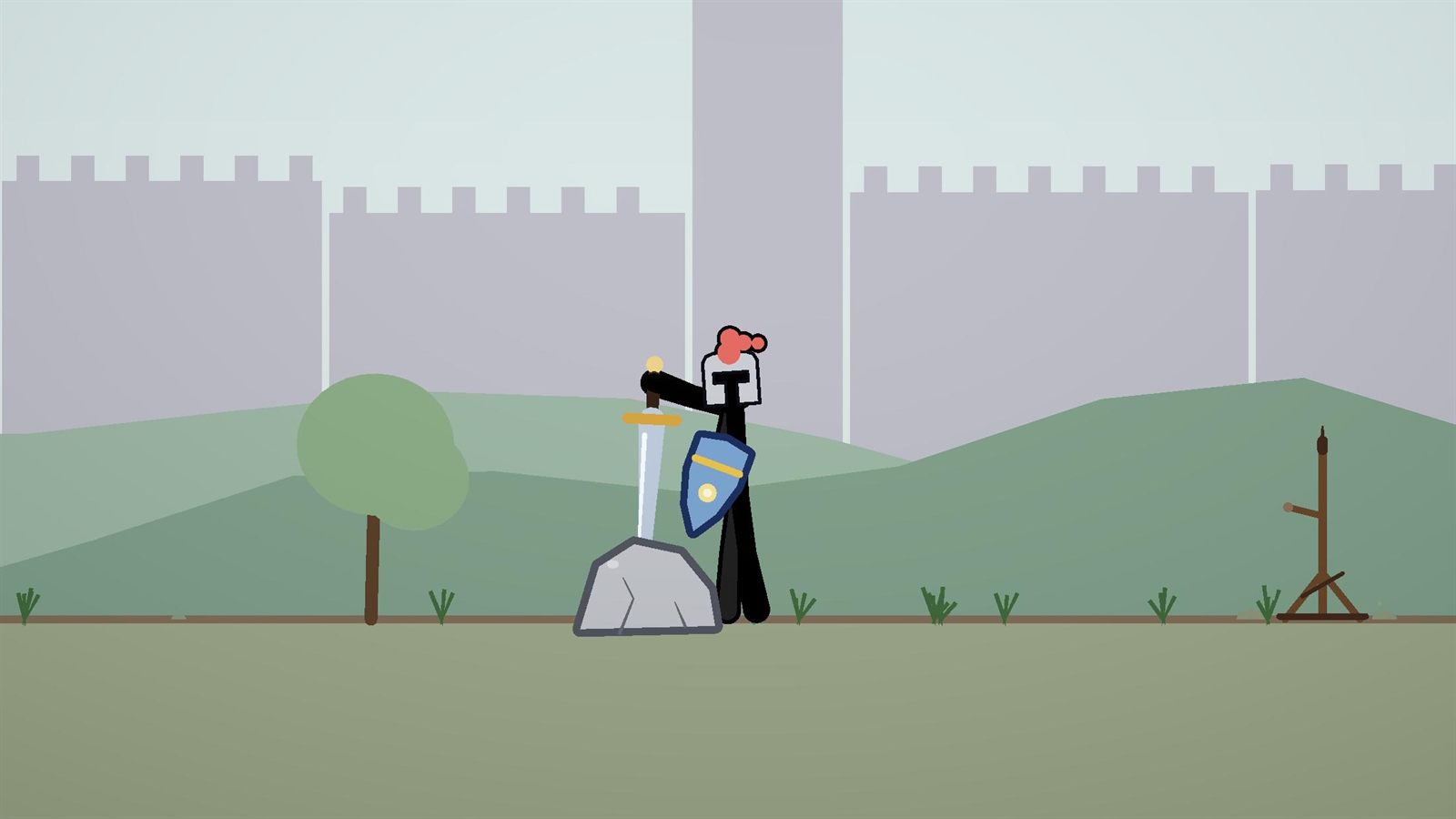 A black stick figure wearing a knight helmet with a red plume and holding a blue shield grips a sword stuck in a stone, in front of a grey castle wall and green hills.