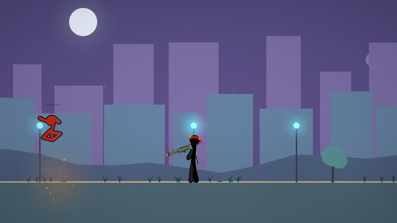 A stick figure in a red headband fires a rocket launcher at night; a red enemy figure is blown through the air.