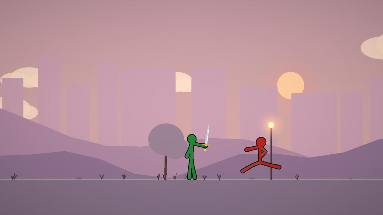 A green stick figure with a sword faces a red enemy stick figure mid-kick against a pink sunset skyline.