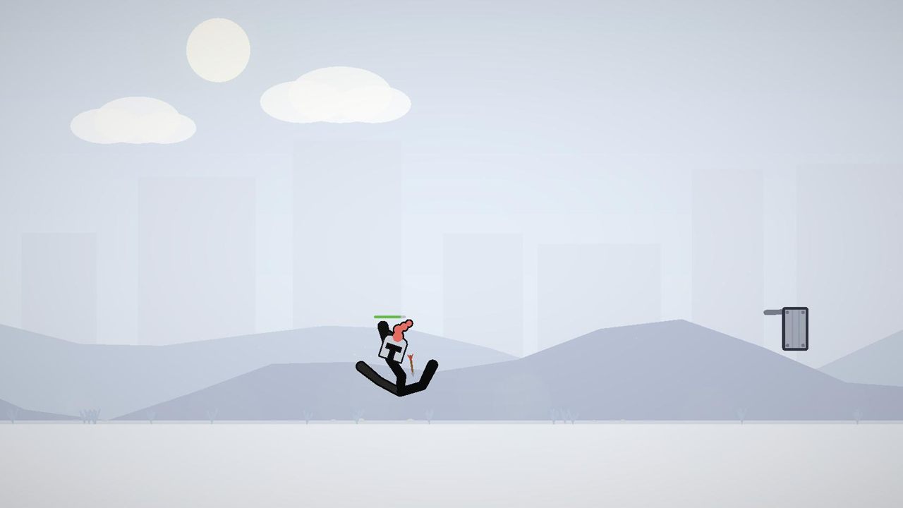 A helmeted stick figure is hit by a turret bolt in a pale winter landscape and tumbles backwards.
